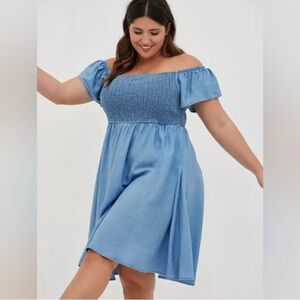 torrid Light Blue Off-the-Shoulder Smocked Mini Dress